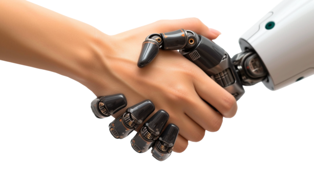 A human and a robot are shaking hands on transparent background.