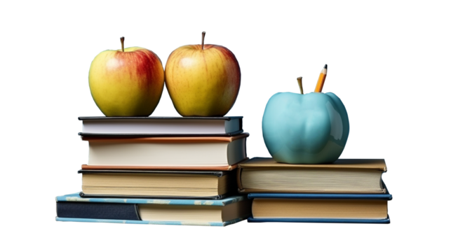 Apple fruit and a box of pencils are on top of a stack of books on a transparent background.