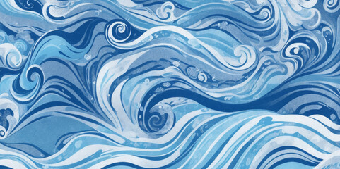 Blue ocean wave background. Blue and white water ocean background. Wavy line background. Hand drawn watercolour ocean background. Vector illustration.