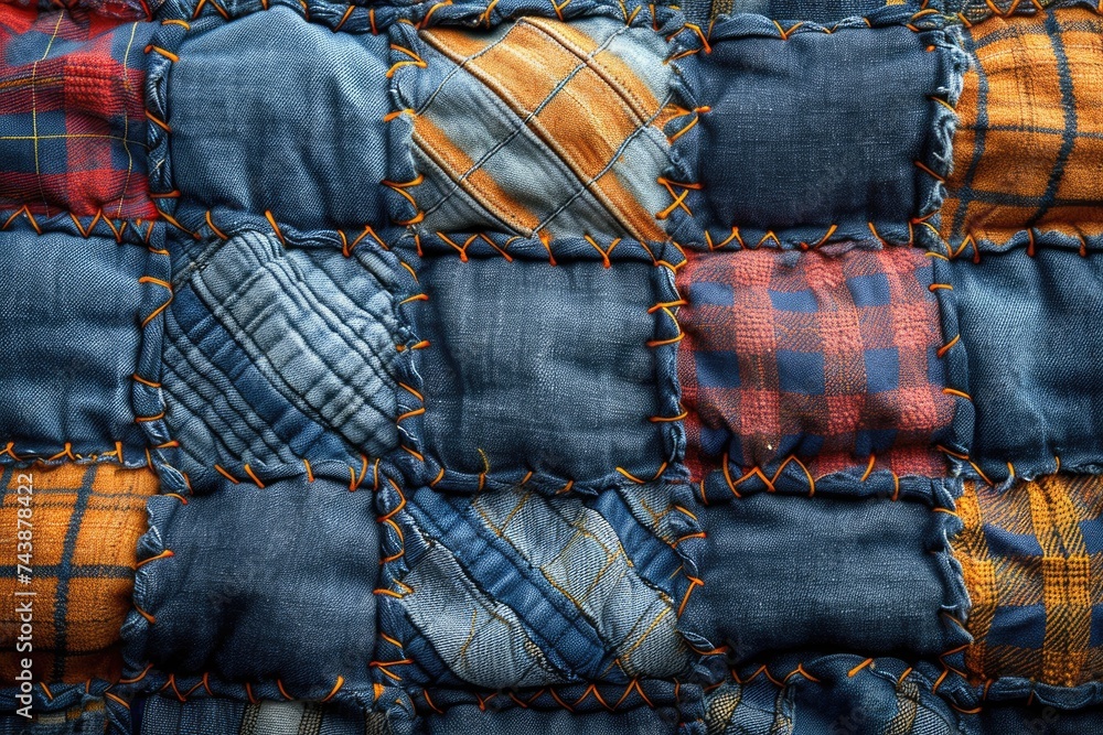 Poster a close up of a patchwork quilt showcasing a kaleidoscope of colors and intricate stitching, creatin