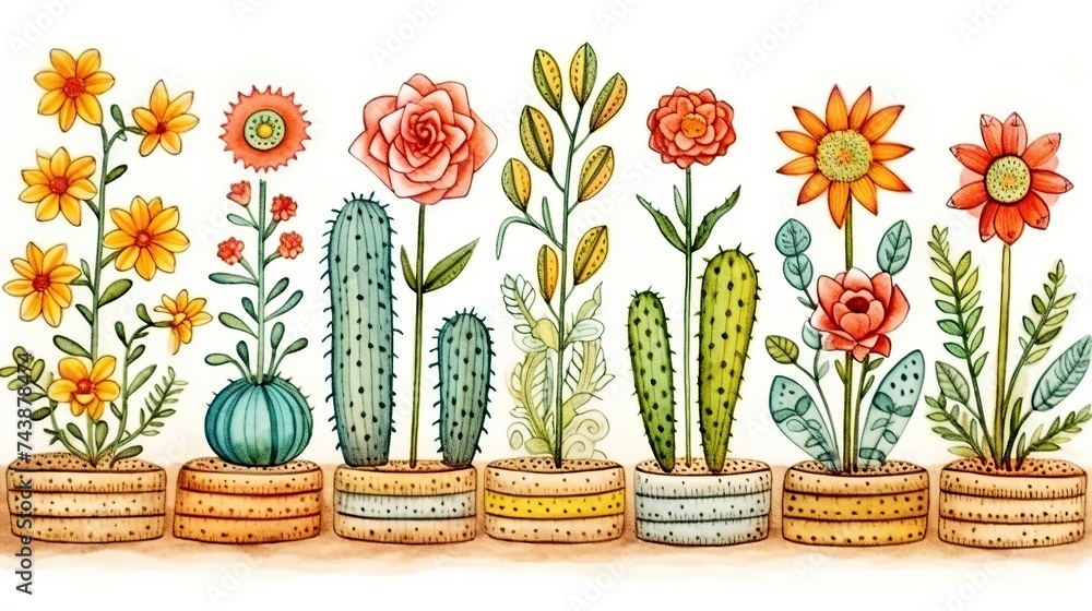 Poster a vibrant and whimsical row of potted plants in various shapes and sizes, each bursting with lush fo