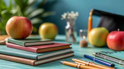 Top view of stationery and office supplies on a blue background.
