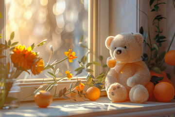 Sunlit Serenity: Adorable Teddy Bear with Sip Cup Framed by Window Light, Reflecting Photorealistic Charm in Vibrant Vray Tracing Style