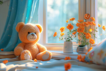 Quiet Moments: Teddy Bear and Sippy Cup by the Window in Soft Vray Render, a Scene of Tender Colors and Realistic Textures