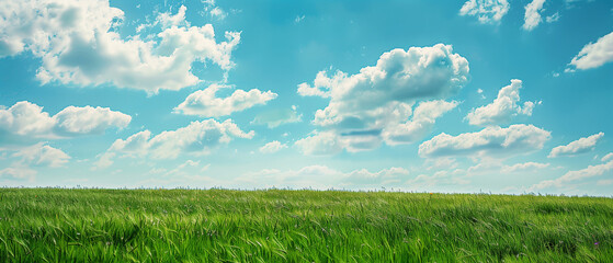 Expansive Green Field Under a Bright Blue Sky With Fluffy White Clouds