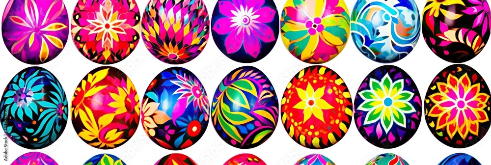 Poster a lively assortment of differently colored easter eggs sit nestled together, creating a vibrant and 