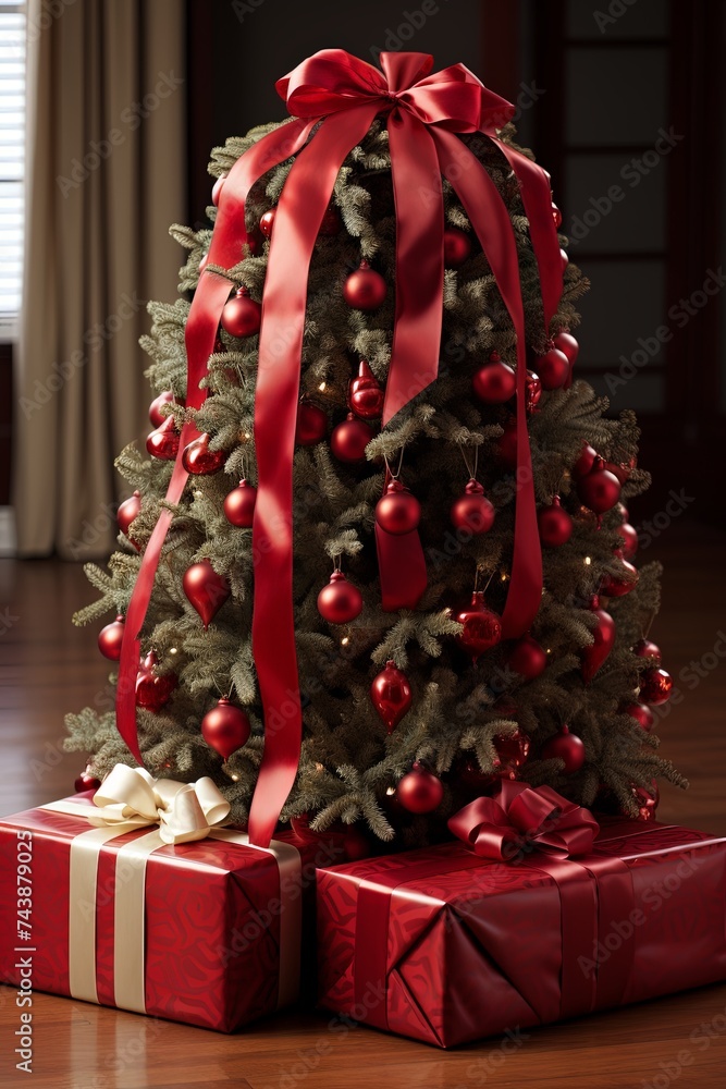 Poster a small christmas tree gleams with shimmering red and gold ornaments, creating a festive and elegant