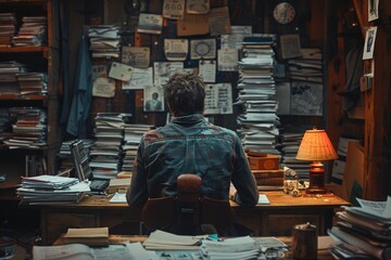 A diligent man carefully organizes his thoughts and paperwork, surrounded by towering bookshelves and the comforting presence of familiar furniture in his cozy indoor workspace - obrazy, fototapety, plakaty