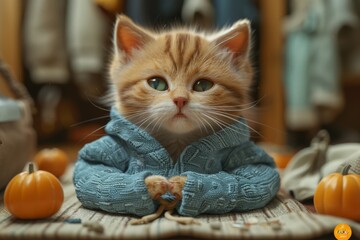 A cozy feline friend prepares for halloween in an orange pumpkin sweater, proudly displaying its felidae whiskers