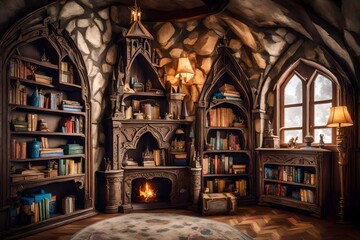 Fototapeta na wymiar Enchanting castle corner with a castle-shaped bookshelf and royal-themed decor.