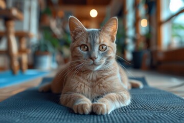 A fluffy malayan cat lounges on a cozy mat, its sleek whiskers quivering with contentment as it surveys its indoor kingdom of cat furniture - obrazy, fototapety, plakaty