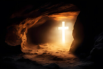 Cross in a cave with light coming out of it - obrazy, fototapety, plakaty