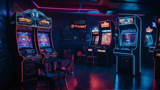 Arcade games room neon light colorful, blue tone