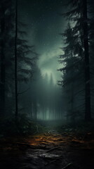 Obraz premium dark forest with thic fog wallpaper and background, mysterious misty forest with dark atmosphere