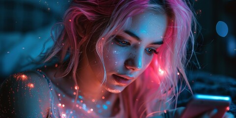 In a stunning display of digital art, a long-haired anime girl with vibrant pink locks illuminates the screen with a captivating blend of pink and blue lights, evoking a sense of wonder and enchantme - obrazy, fototapety, plakaty