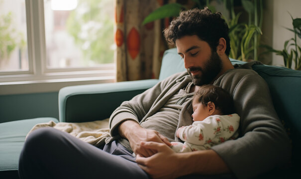 A loving exhausted happy tired father and his sleeping new born baby
