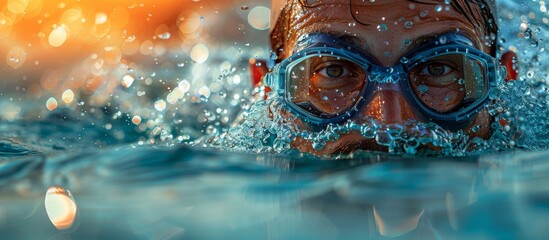 Immersed in the cool depths of the pool, a swimmer glides effortlessly through the water, protected by their trusty goggles - obrazy, fototapety, plakaty
