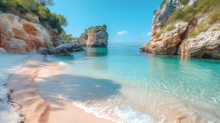 A secluded beach hidden away by towering cliffs, with soft golden sand and crystal-clear water...