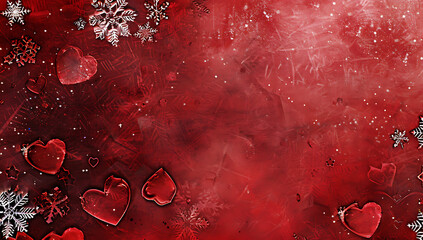 a red background with snowflakes and hearts in the st - obrazy, fototapety, plakaty