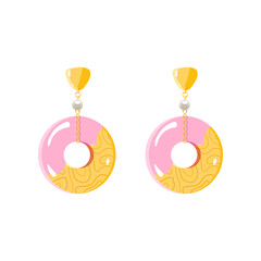 Round dangle gold earrings with pearl, pink mineral gemstone isolated on white background. Golden Woman Expensive luxury accessories. Flat vector illustration