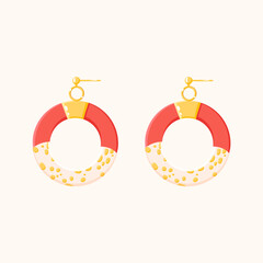 Round dangle gold earrings isolated on white background. Golden Woman Expensive luxury accessories. Flat vector illustration