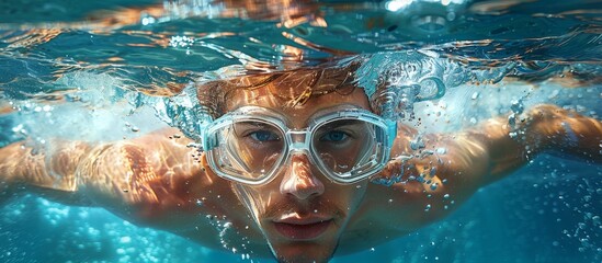 A determined swimmer navigates the crystal blue depths of the pool, donning goggles to shield his human face as he glides through the water with effortless grace and precision - obrazy, fototapety, plakaty