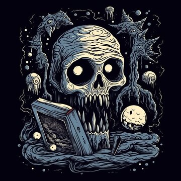 Skull reading book surrounded by glowing jellyfish in electric blue art