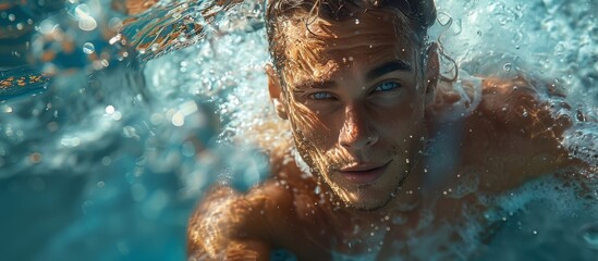 A determined swimmer's face reflects determination and strength as he glides through the crystal clear water of the outdoor pool, his portrait a testament to the beauty and grace of the human form in - obrazy, fototapety, plakaty