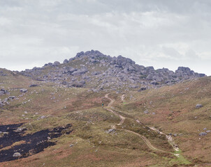 Fototapeta premium Paisagem de montanha portuguesa, Gerês, com um trilho e uma pessoa a caminhar, zona queimada de fogo florestal