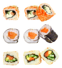 Set of Sushi Roll pieces, isolated on white background, delicious Japanese food concept