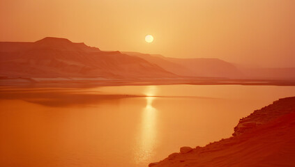 a sun is setting across a large body of water in the 