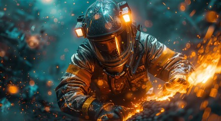 A brave firefighter battles flames amidst a shower of fiery sparks, risking everything to protect their community - obrazy, fototapety, plakaty