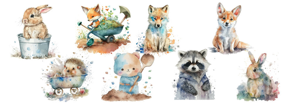 Watercolor Collection of Adorable Baby Animals Including Bunnies, Foxes, Hedgehog, and Raccoon Perfect for Nursery Decorations and Children’s