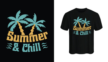 Summer & Chill retro t-shirt design for men and women. summer beach vacation t-shirts, summer surfing t-shirt vector design. Retro vintage t-shirt design. Custom t-shirt design.