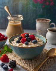 Delicious healthy breakfast bowl - oats and fruit