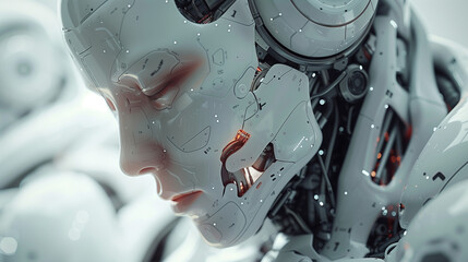 Fototapeta premium Close-Up of a Female-Featured Advanced Humanoid Robot Against a Blurred Background