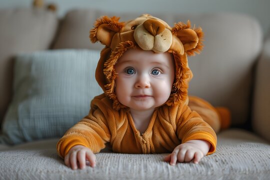 Cute little baby boy wearing lion costume lying on the couch looking towards the camera playful smiling