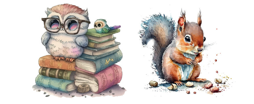 Adorable Owl with Glasses on Books and Cute Squirrel with Nuts, Hand-Drawn Watercolor Illustration for Children’s Literature