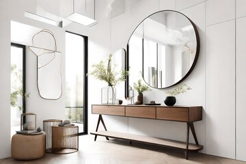 Minimalist entryway with a sleek console table, round mirror, and a single vase. - obrazy, fototapety, plakaty