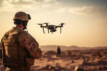 Generative AI illustration of military launches a combat drone in field for a special operation