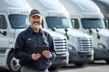 Happy Male trucking fleet manager holding a tablet standing in front of a line of truck trailers