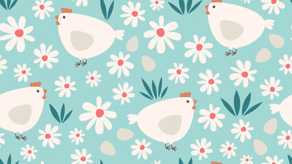 cute cartoon hen and easter eggs in the meadow seamless vector pattern background illustration	 - 743883672