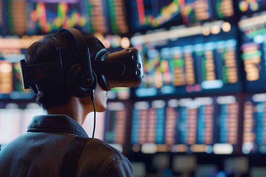 Virtual reality concept of currency trading, with traders immersed in a 3D financial market environment. 8k