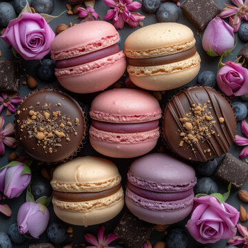 Colorful macaroons on stone slate table. Blueberry, raspberry and chocolate macarons with purple rose blossoms decor. In style of confectionery advertisement idea.