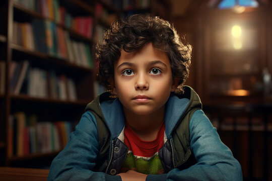 Generative AI photo of clever cute child among the stacks of book reading stories in a library