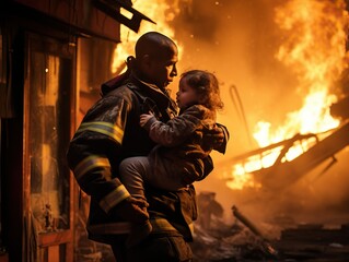 Brave fireman rescuing child from raging house fire with determination and heroism - obrazy, fototapety, plakaty