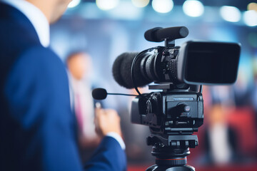 Digital generative ai image collage of operator journalist shooting for new reportage