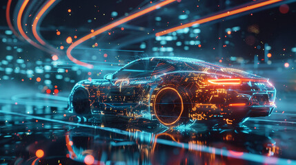 A modern digitally rendered 3D animation of an abstract stylized car merged with insurance related imagery situated in a mystical and otherworldly backdrop created with advanced AI techniques