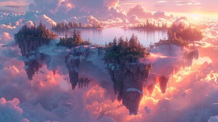 Ethereal landscape with floating islands above a crystal clear lake under a twilight sky