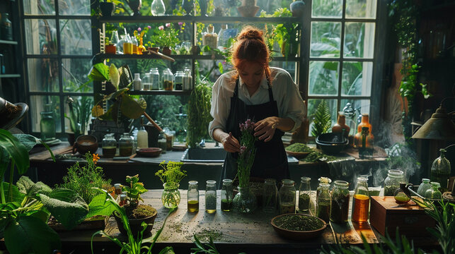 An herbalist experimenting with rare mystical herbs in a magical garden laboratory